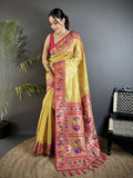 Golden Yellow Tissue Paithani Saree with intricate zari weaving and a Magenta Pink butti blouse