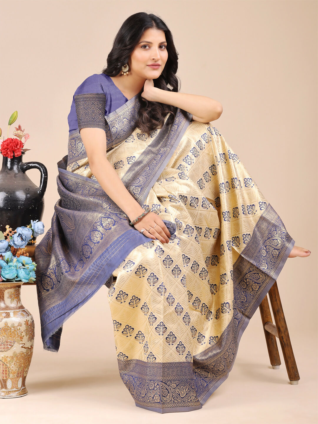 Cream and Navy Blue Banarasi Silk Saree