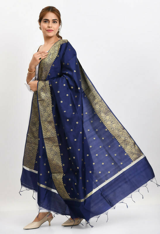 Navy Blue Banarasi Silk Woven Dupatta for Women