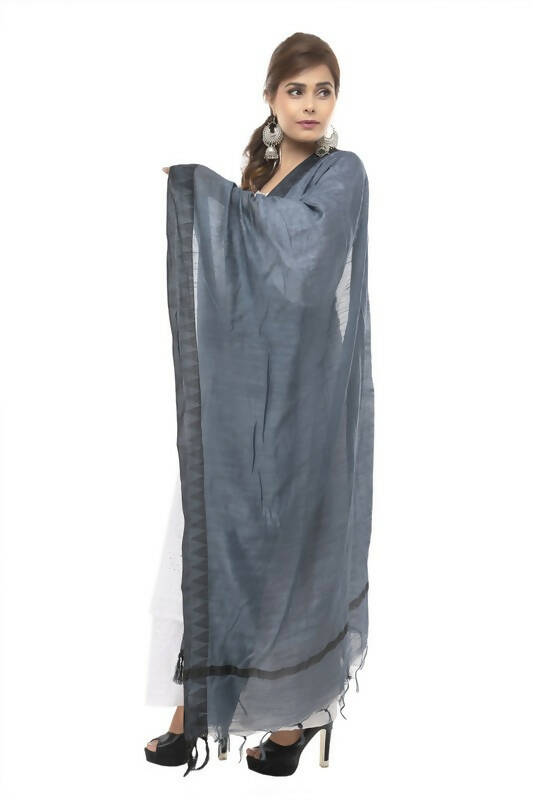 Black Cotton Dupatta with Traditional Temple Border and Gray Detail