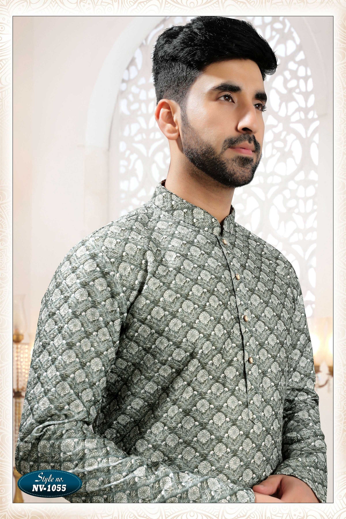 Men's Green Straight Silk Kurta Set with All Over Thread Embroidery
