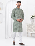 A toddler wearing a grey rayon-cotton printed kurta pyjama set for a casual ethnic look.