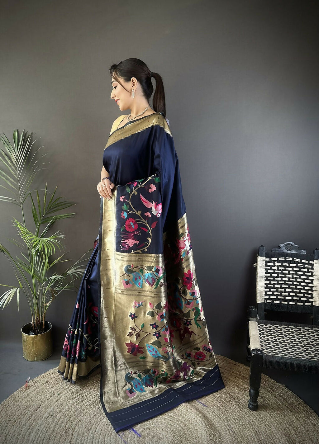 Navy Blue Floral Paithani Saree in Soft Silk Material