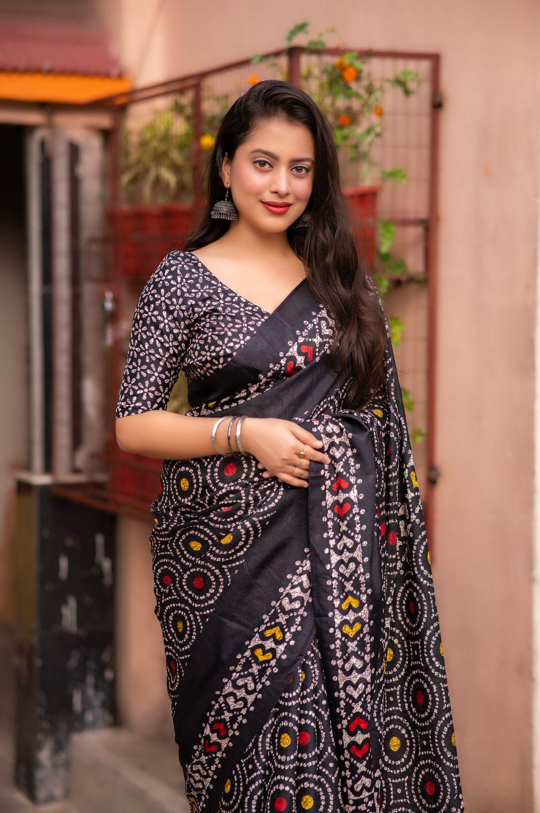 Black Silk Blend Saree with Batik Print and Matching Blouse