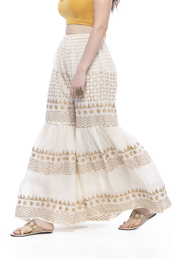 Off White Cotton Sharara with Gold Print and Gota Embellishments