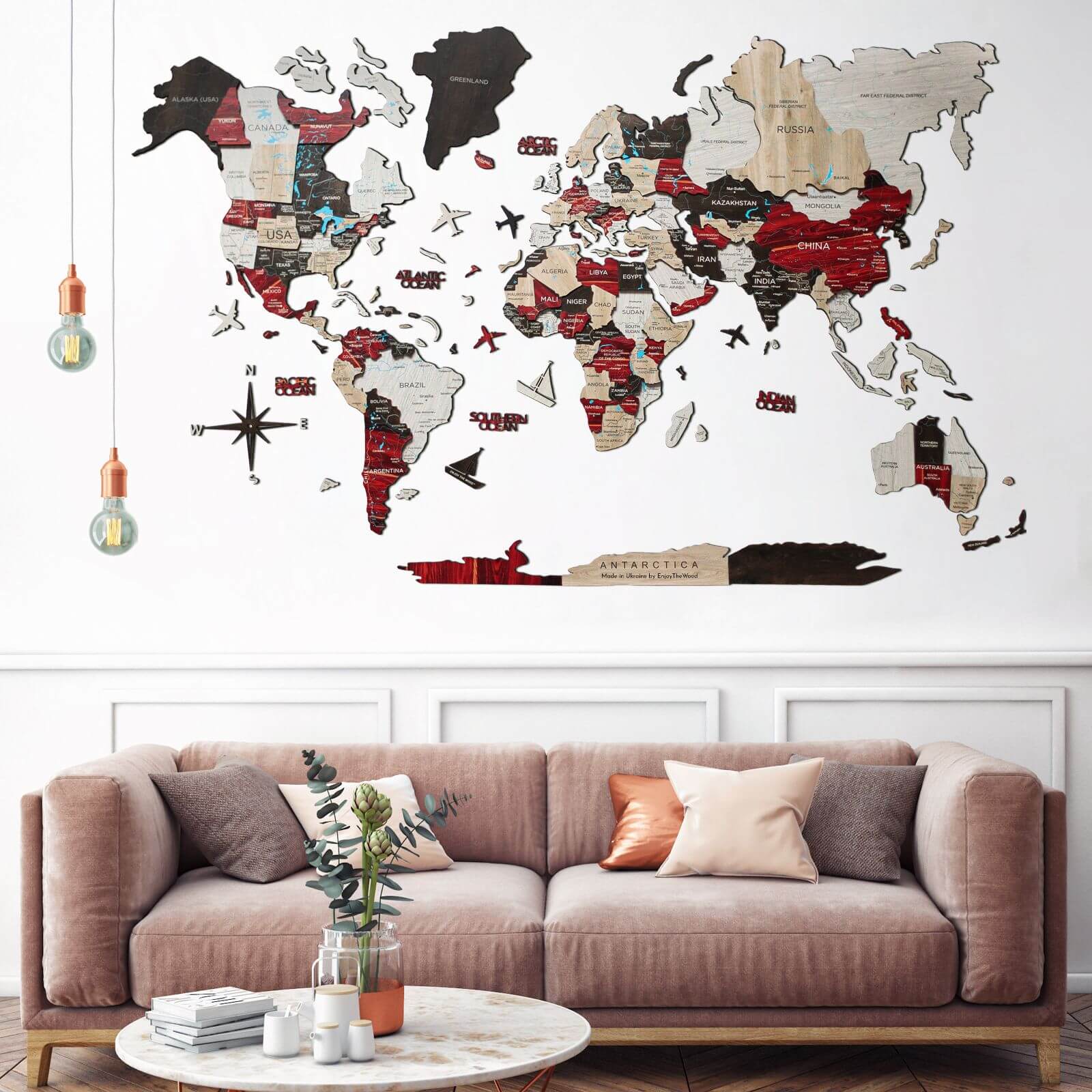 3D Luminous Colored Wooden World Map Urban Collection
