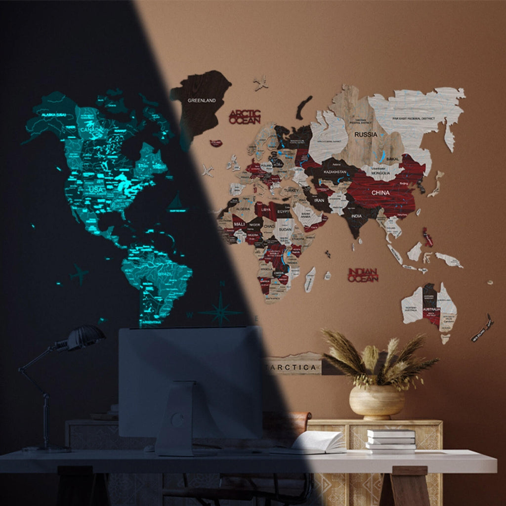 Geometric 3D luminous wooden world map in brown, white, red, and black.