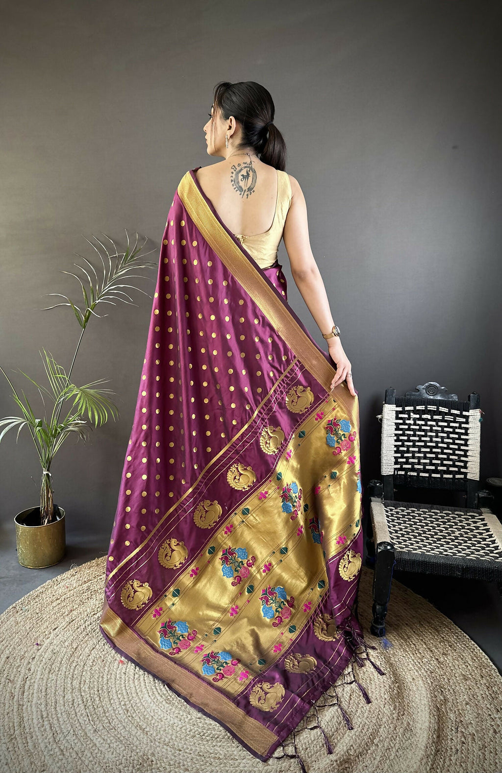 Wine Polka Dot Lichi Silk Paithani Saree with Matching Blouse