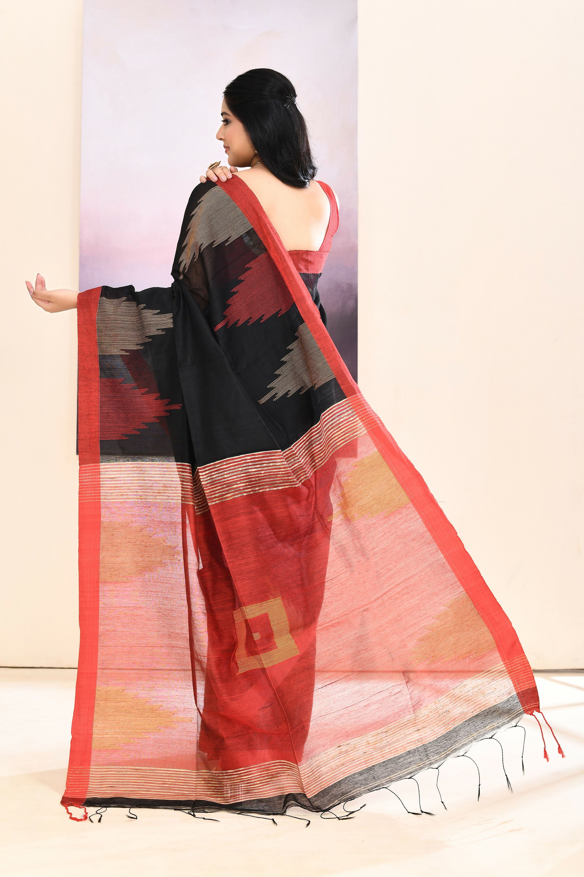 Black Jamdani Saree with Traditional Temple Border Embellishment