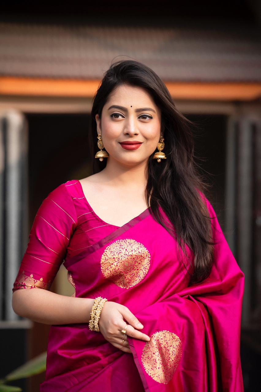 Rani Silk Woven Saree with Zari Butta and Unstitched Blouse