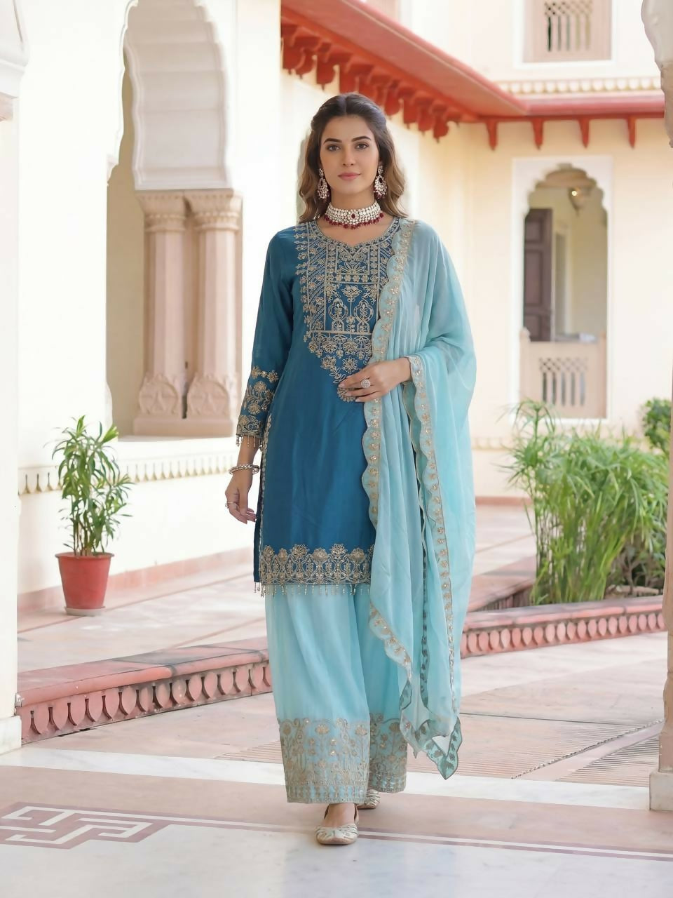 Blue Silk Embroidered Sharara Set for Traditional Occasions