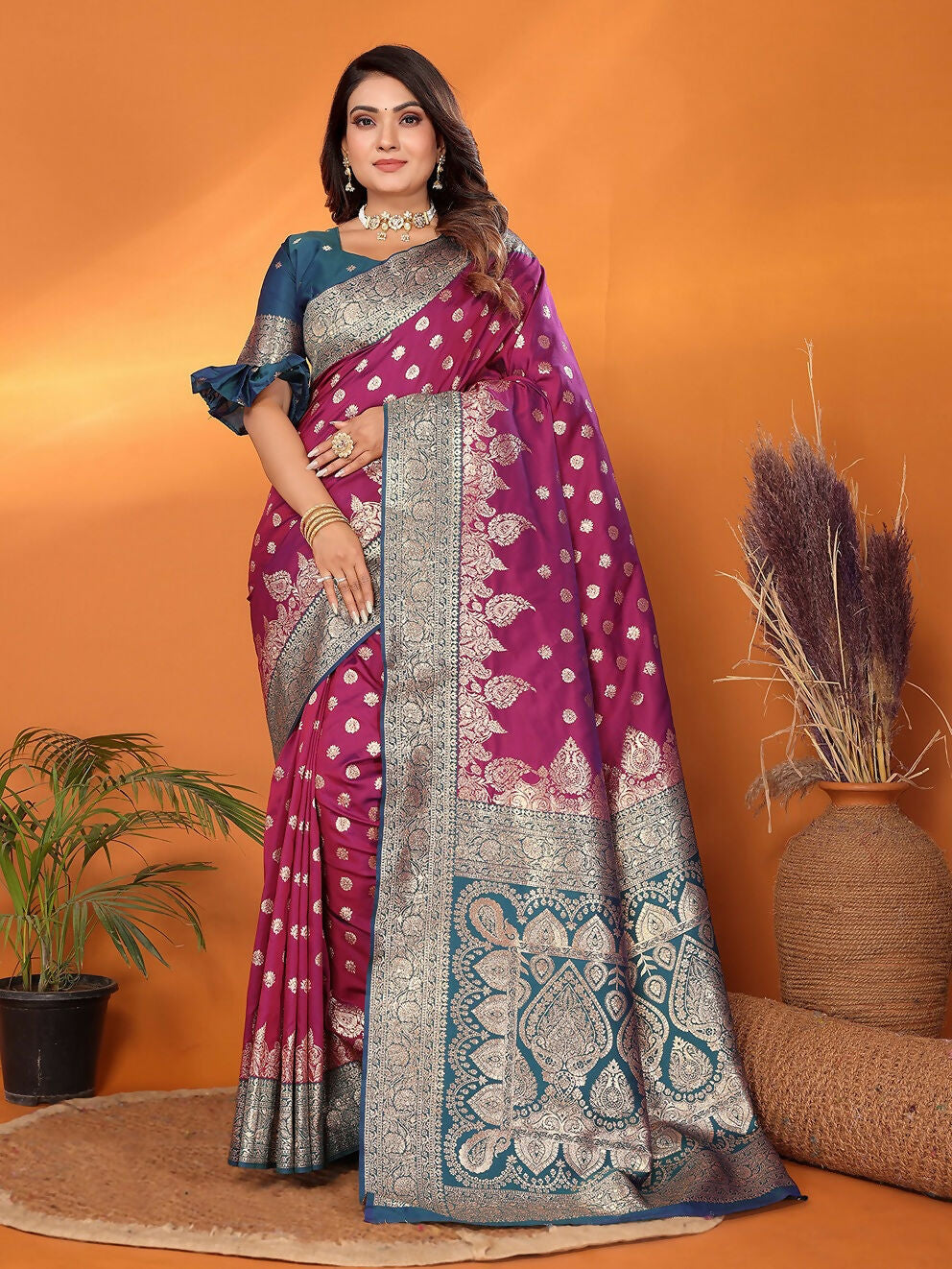 Magenta Banarasi woven soft silk saree with matching blouse piece