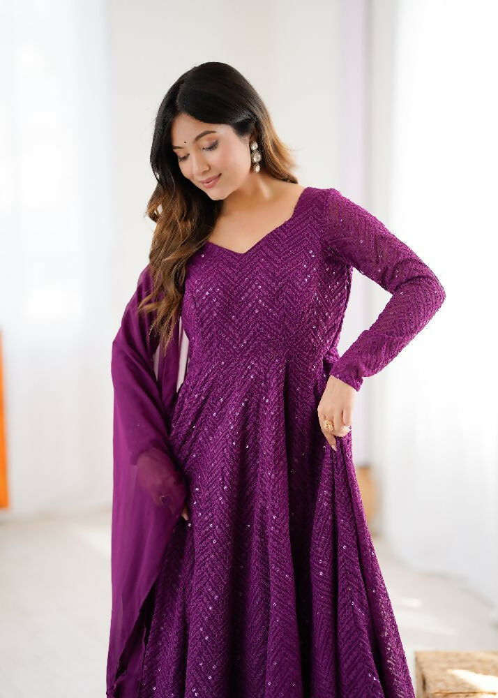 Wine Kurta Set in Georgette with Elegant Sequence Embroidery Work