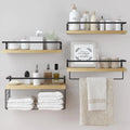 LUDORU Wood Floating Shelves Wall Mounted - 4+1 Tier Rustic Bathroom Wall Shelves Over Toilet with Wire Storage Basket and Towel Bar Set of 4 Farmhouse Floating Shelf for Bathroom Kitchen Bedroom.