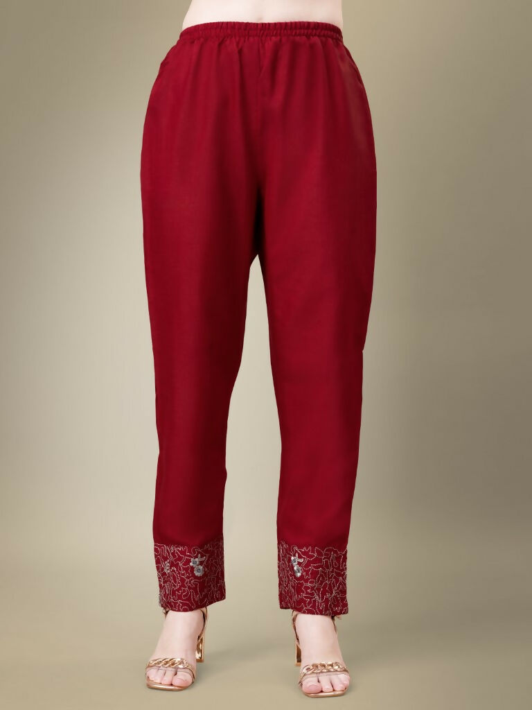 Women's Maroon Cotton Blend Kurta Set with Embroidery & Lace