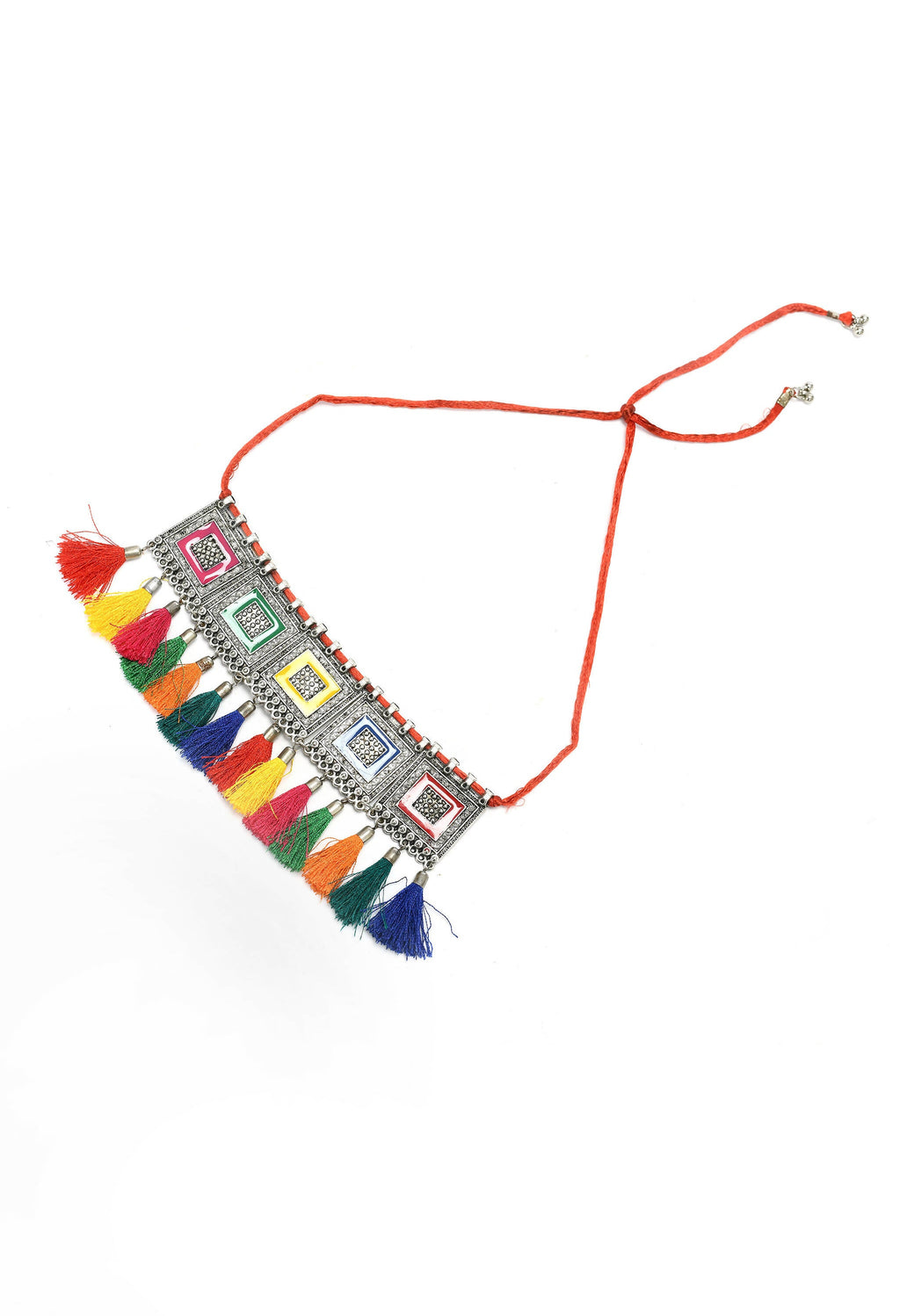 Multi-Color Oxidised Silver-Plated Brass Tassel Choker