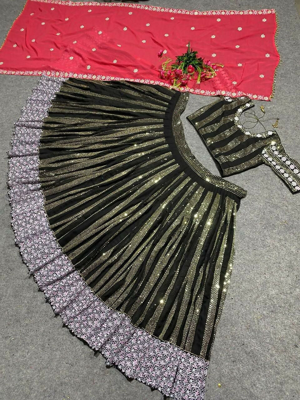 Black Faux Georgette Sequins & Zari Embroidered Lehenga