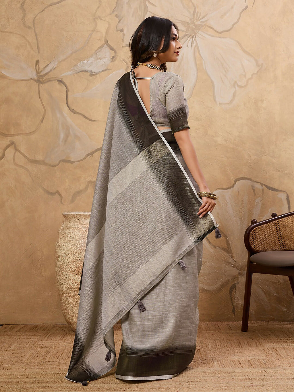 Shree Shyam Fashion Charcoal Grey Linen Saree