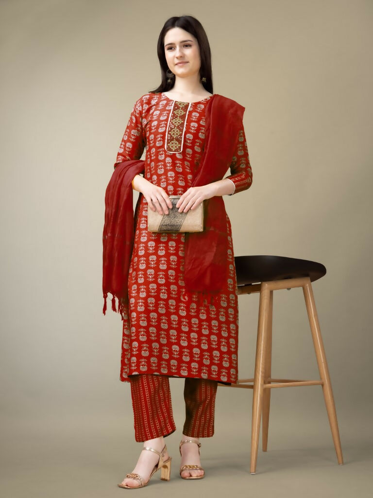Women's Maroon Rayon Embroidered Straight Kurta with Trouser & Dupatta
