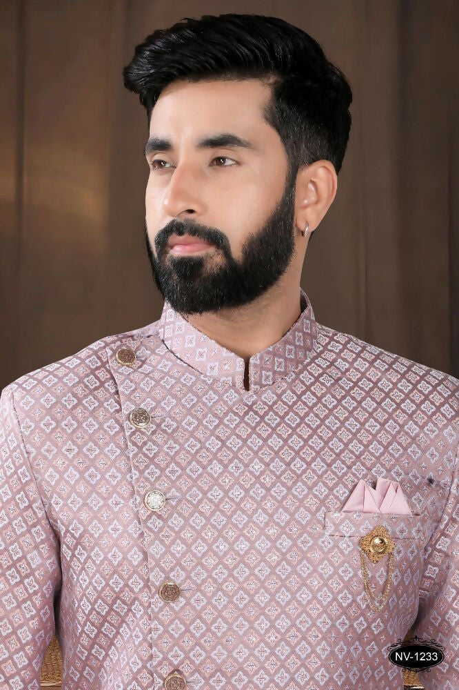 Pink Woven Jacquard Kurta and White Pyjama Set for Toddlers