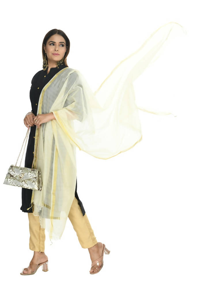Off White Chanderi Banarsi Piping Dupatta - Elegant Ethnic Drape