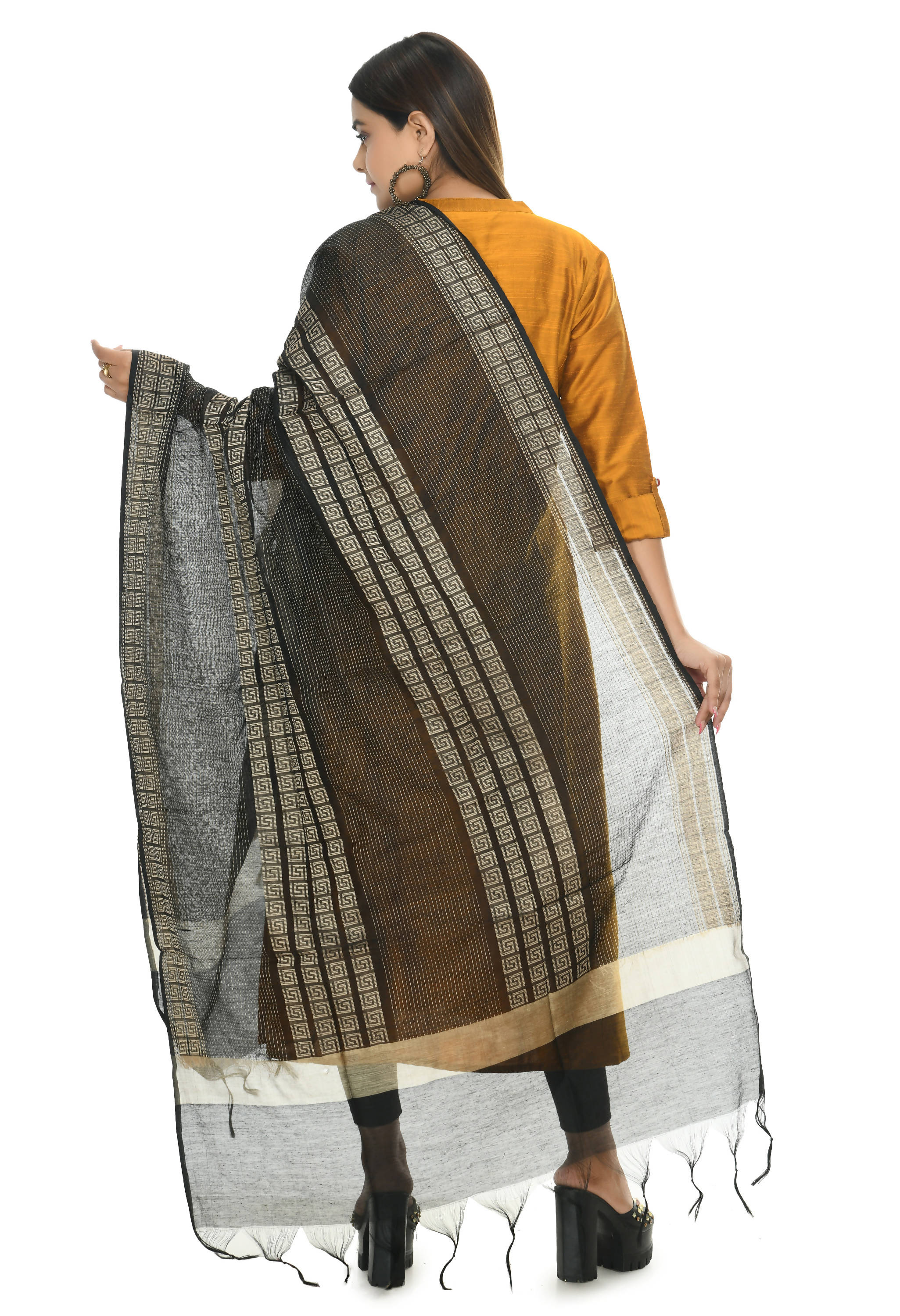 Black Handloom Cotton Dupatta - Traditional Ethnic Scarf