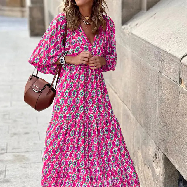Women's Diamond Print Maxi Dress with V-Neck and Puff Sleeves - Image 14