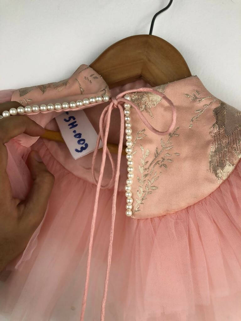 Peach Shrug with Frill Detail, Brocade and Pearls