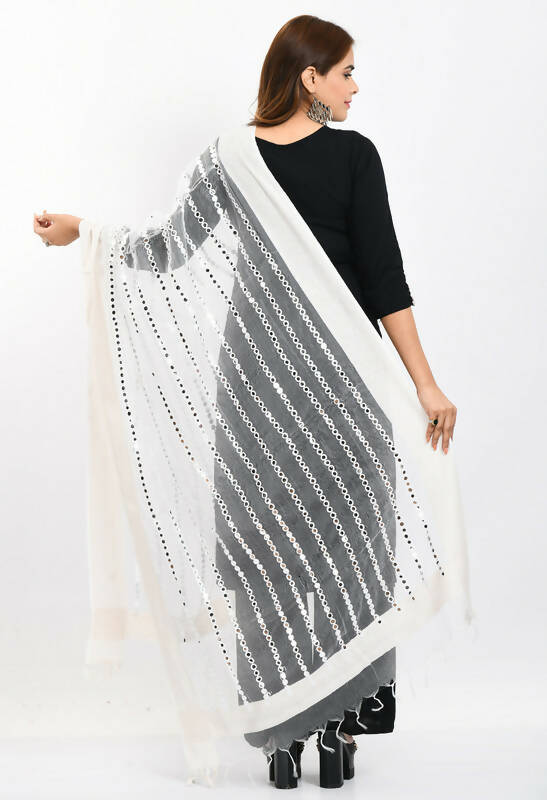 White Organza Dupatta with Mirror Stripe and Thread Work