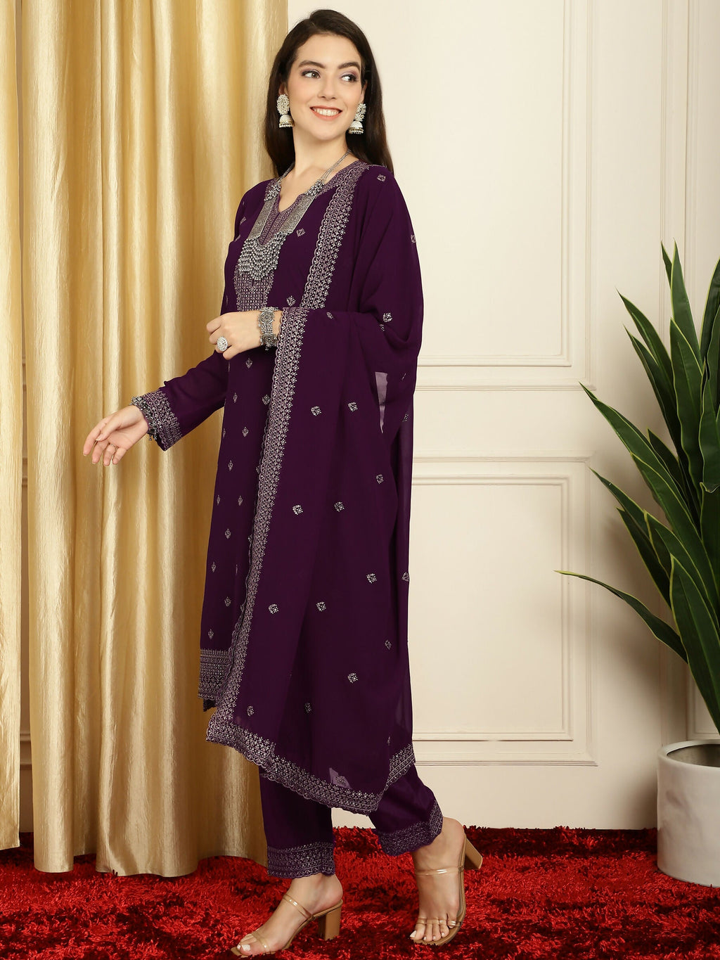 Jyoti Fashion Women's Burgundy Georgette Resham Thread & Sequin Kurta with Trouser & Dupatta