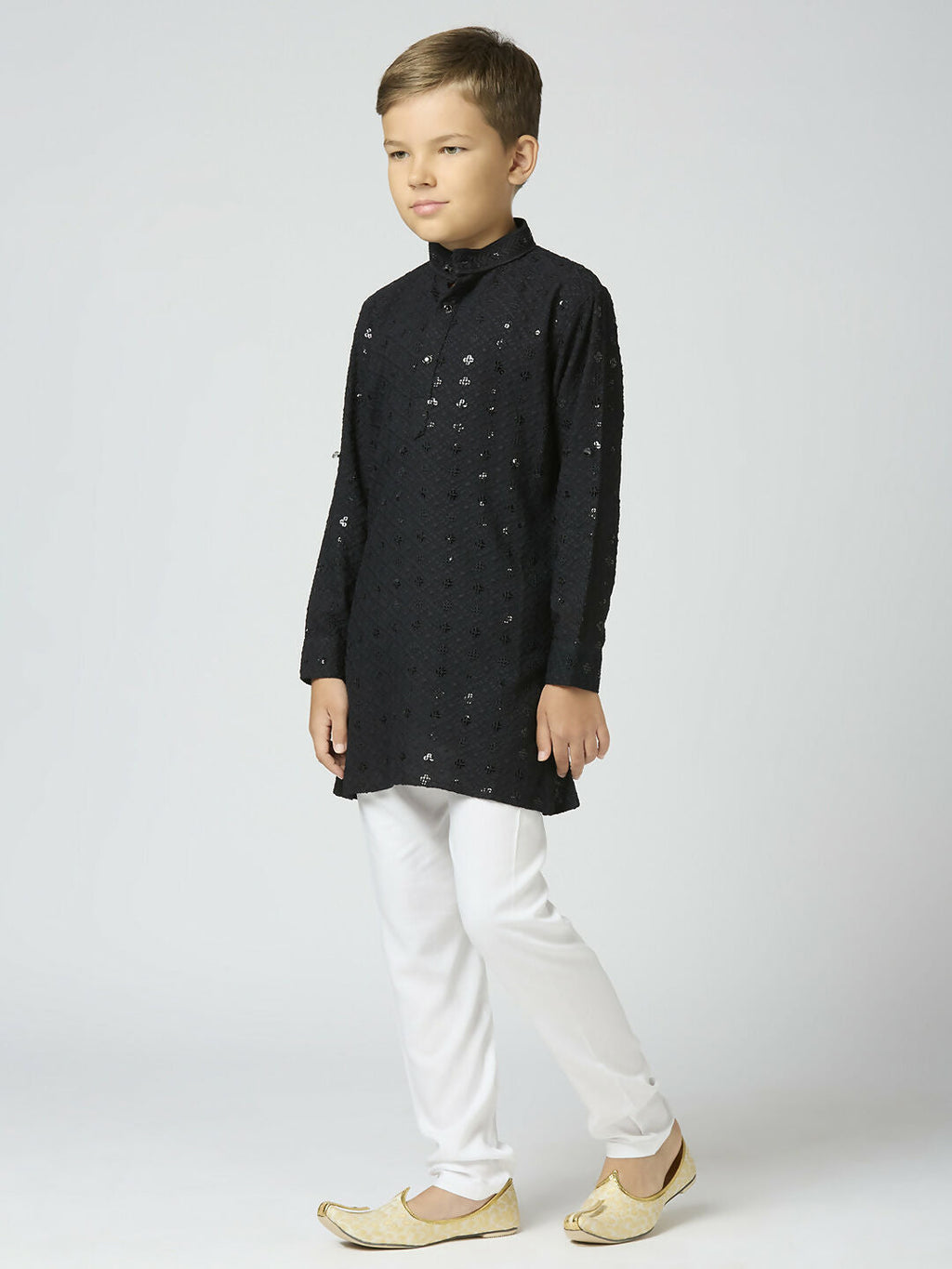 Boys Cotton Kurta and Pyjama Set with Sequin Work - Black