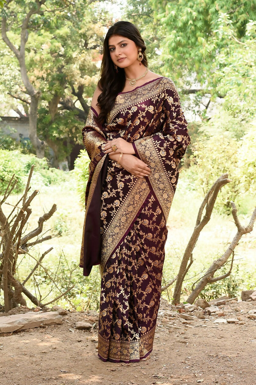Plum Purple Banarasi Soft Silk Handloom Saree