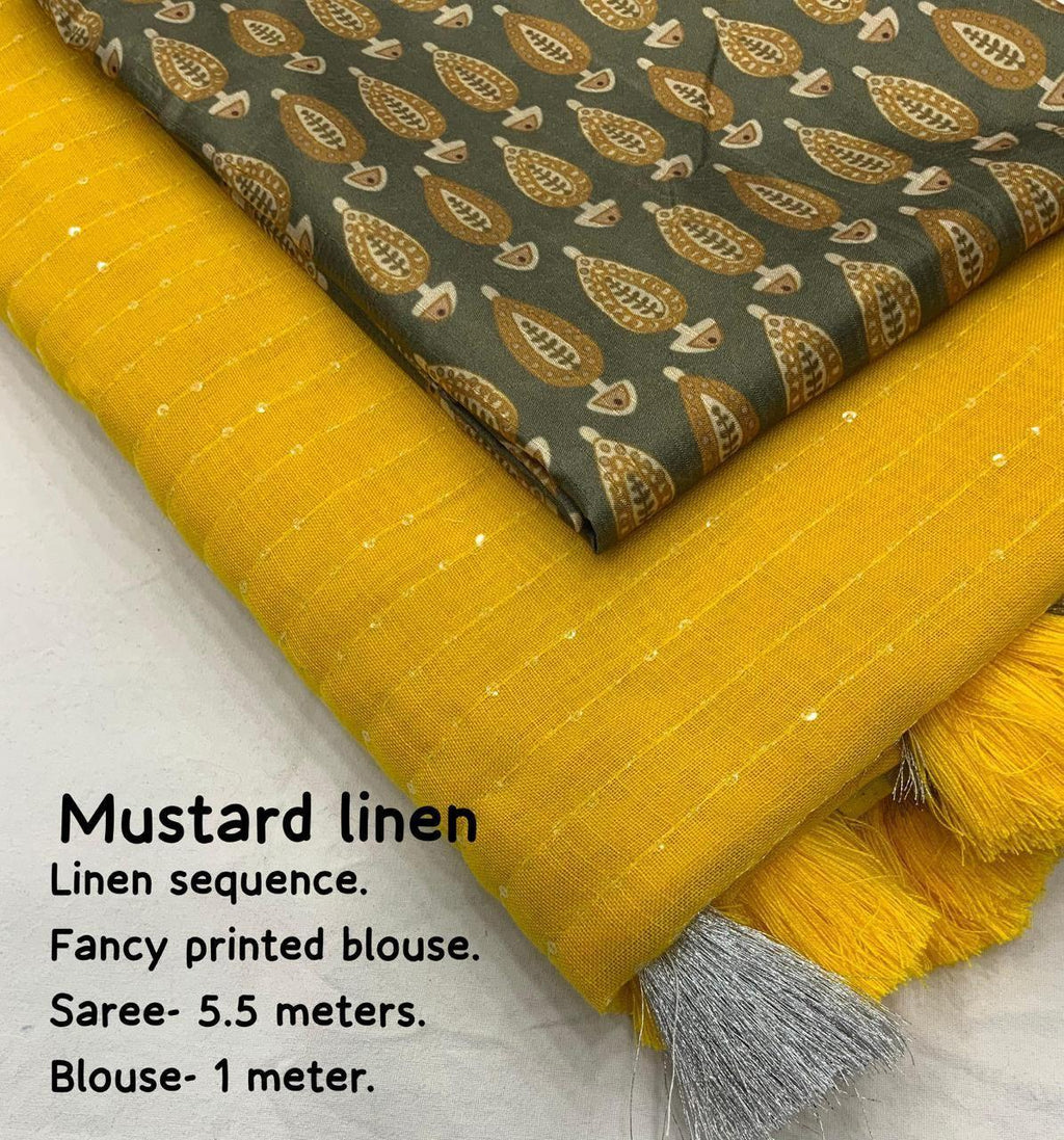Mustard Linen Sequence Saree with Unstitched Blouse - Hiral Fashion