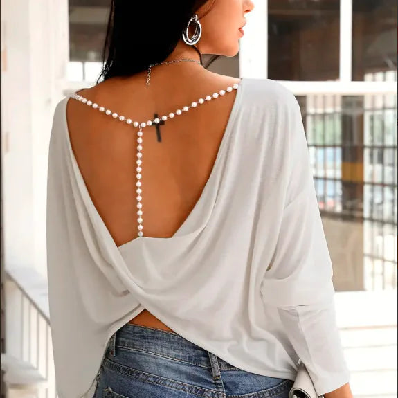 Women's Backless Long Sleeve Pearl Detail T-Shirt Top - Image 12