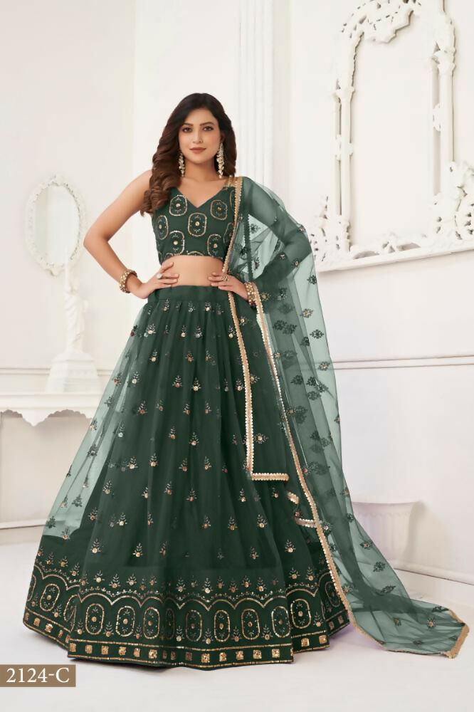 Dark Green Butterfly Net Lehenga with Sandwich Sequence Work