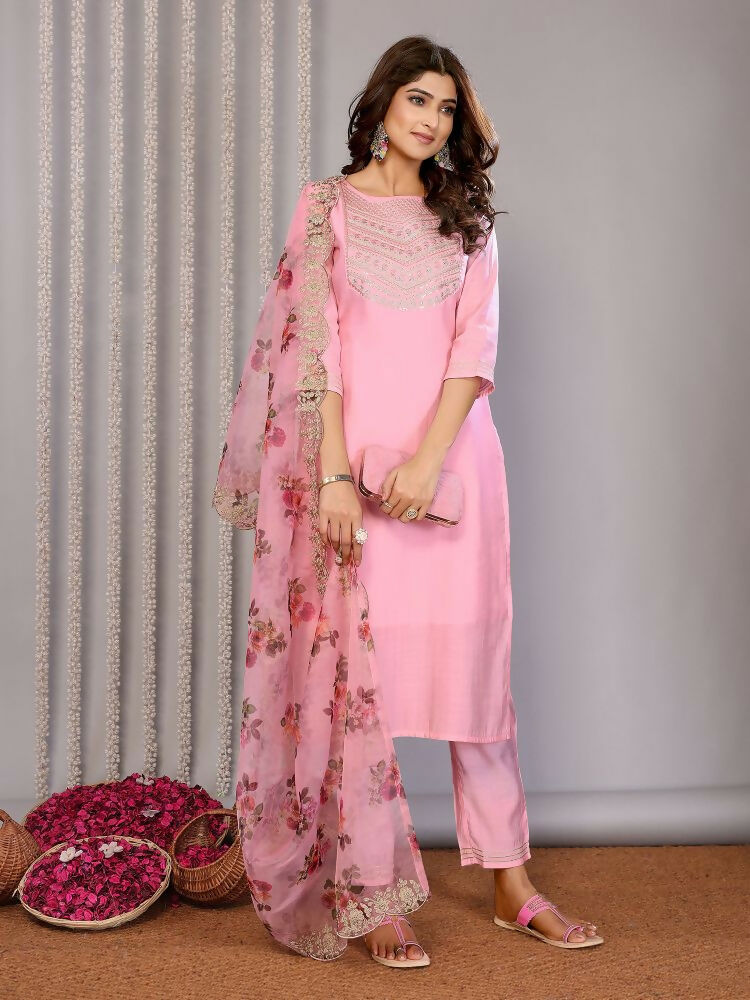 Women light pink Roman embroidery stitched kurta set with matching pants and dupatta