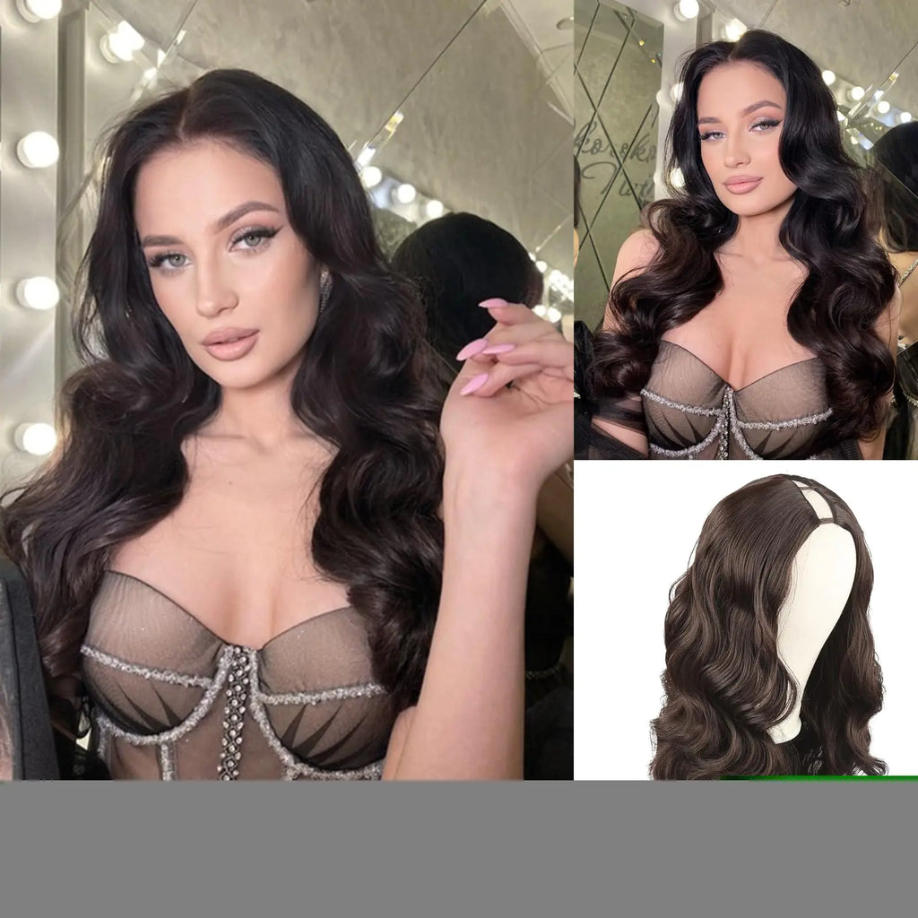 CINHOO Long Body Wave V Part Wig for Black Women 22inch V Shape Wigs Wear And Go Glueluss No Leave Out Wig Syntehtic Body Wave U Part Half Wigs for Black Women Drak Brown (4#)