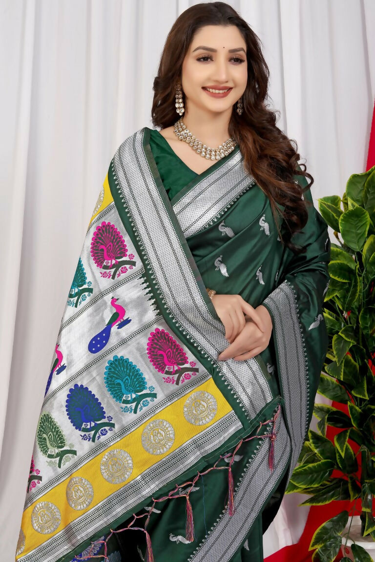 Bottle Green Paithani Silk Saree with Zari Woven Design and Blouse
