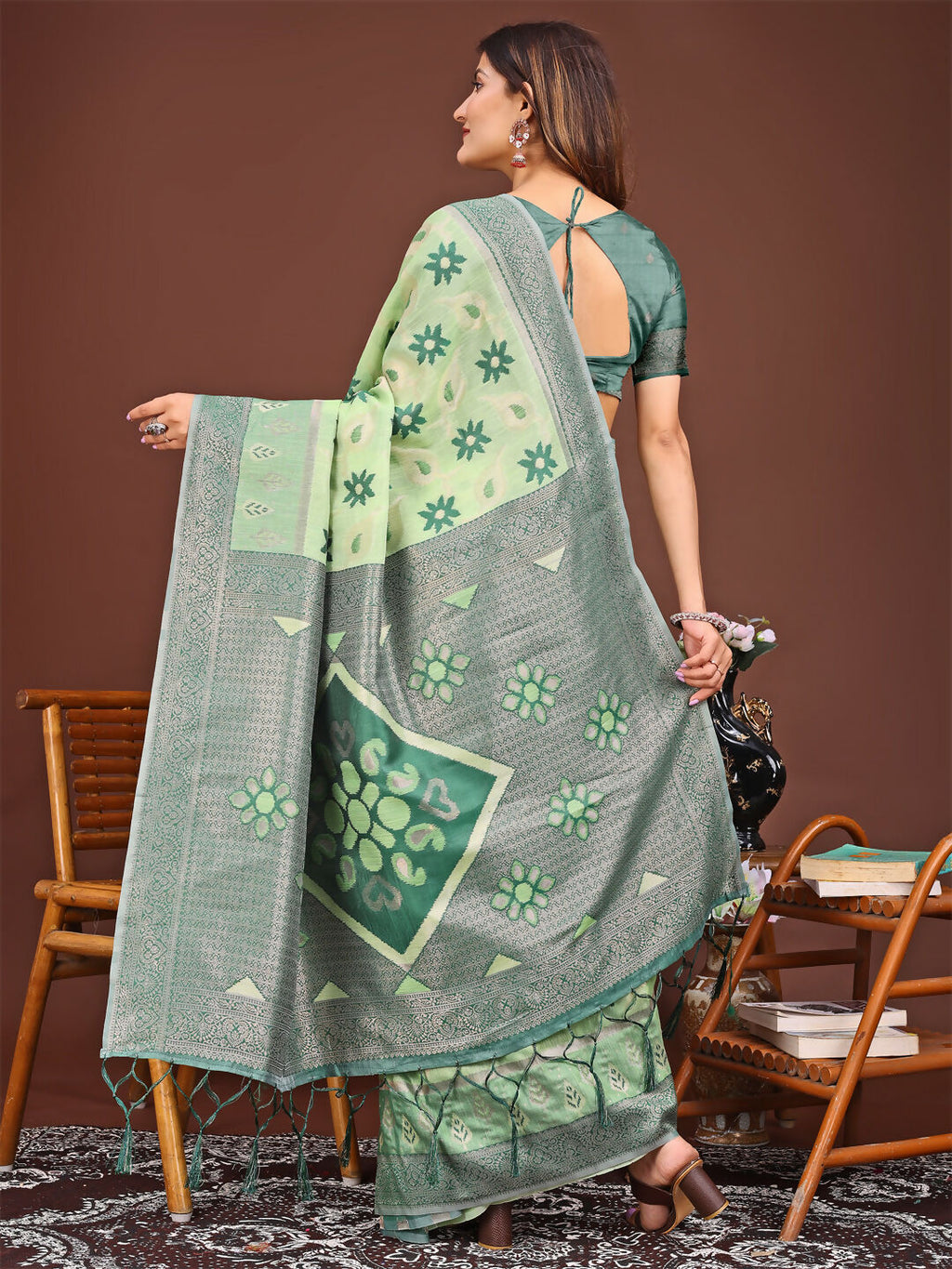 Sajni Light Green Linen Cotton Saree with Matching Blouse