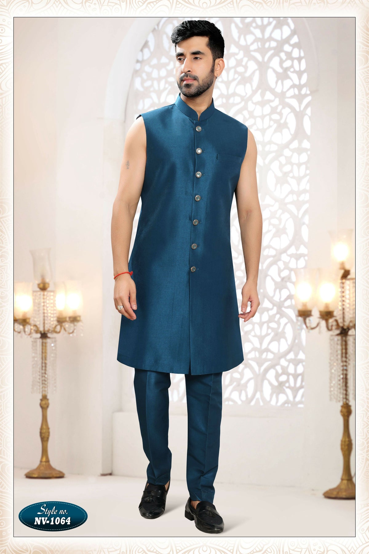 Men's Blue Silk Straight Kurta Set with Thread and Sequence Work