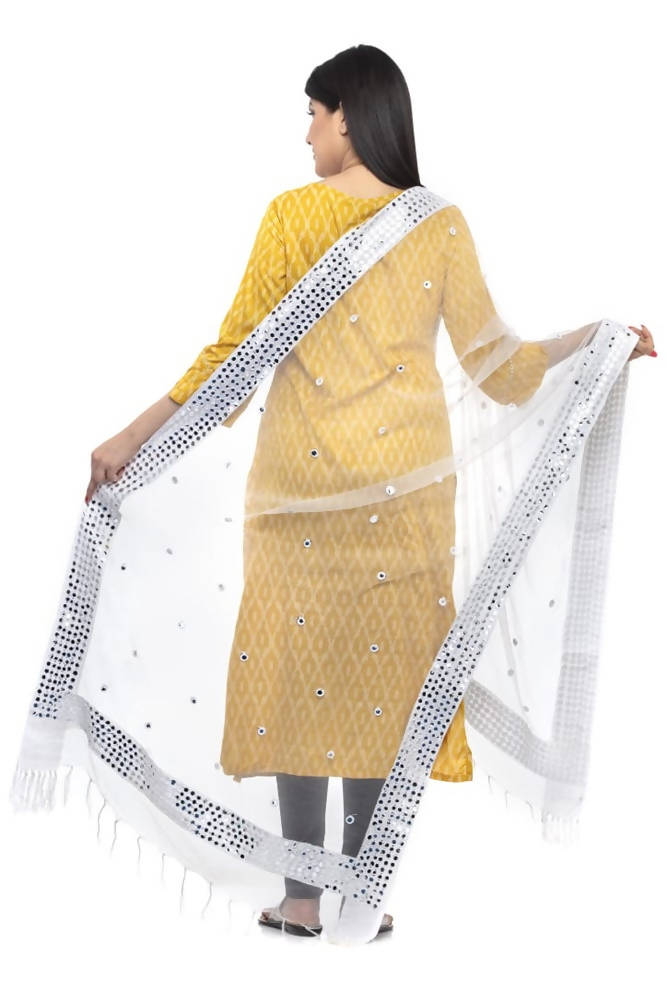 White Organza Cotton Dupatta with 6 Line Mirror Border