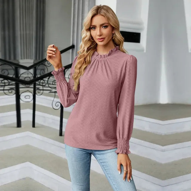 Women's Long Sleeve Blouse with Ruffled Neck and Smocked Cuffs - Image 17