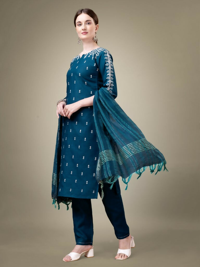 Teal and Dark Blue Geometric Print Cotton Kurta Set