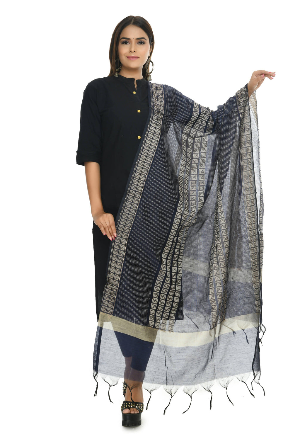 Navy Blue Handloom Cotton Dupatta - Traditional Ethnic Stole