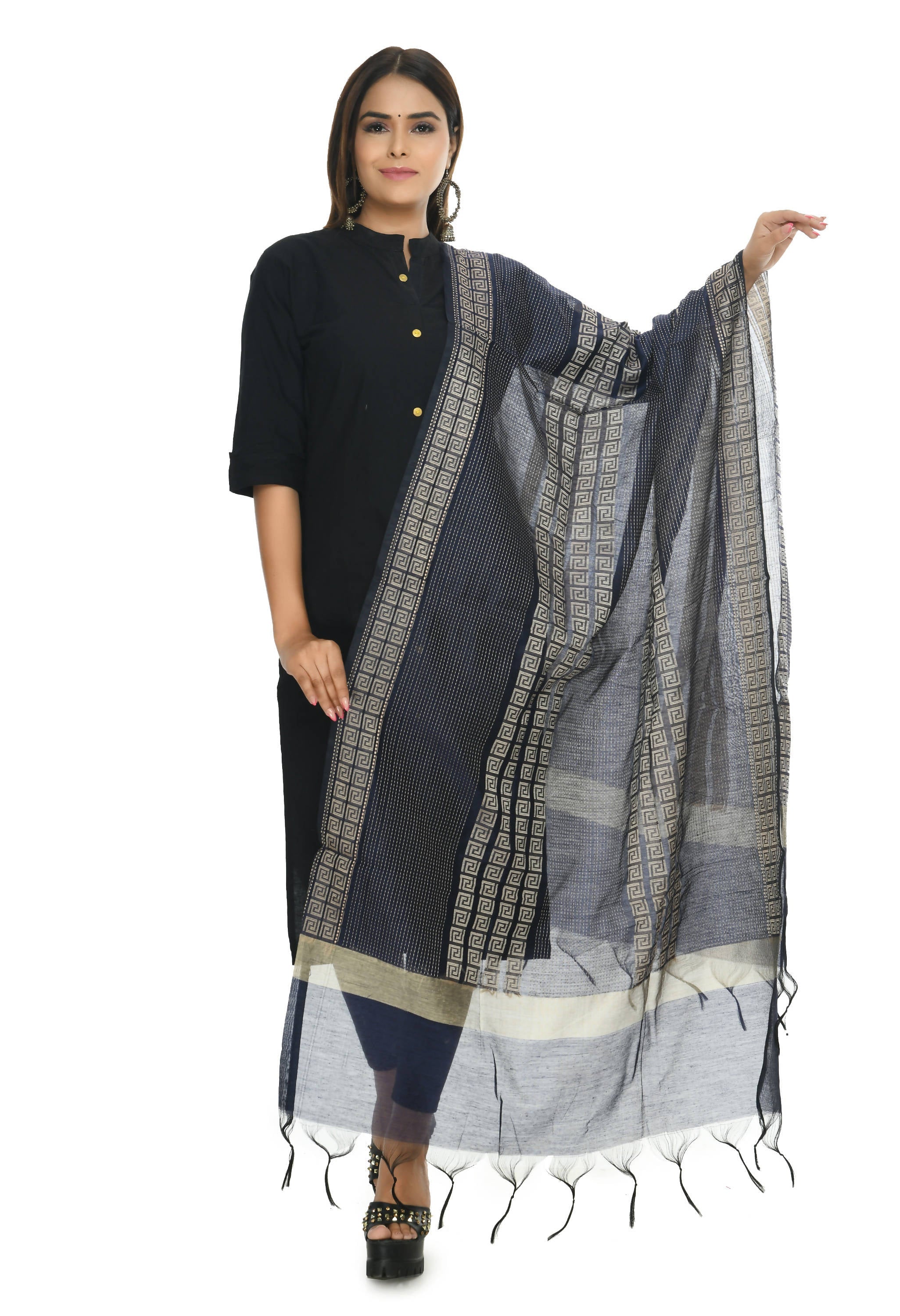 Navy Blue Handloom Cotton Dupatta - Traditional Ethnic Stole