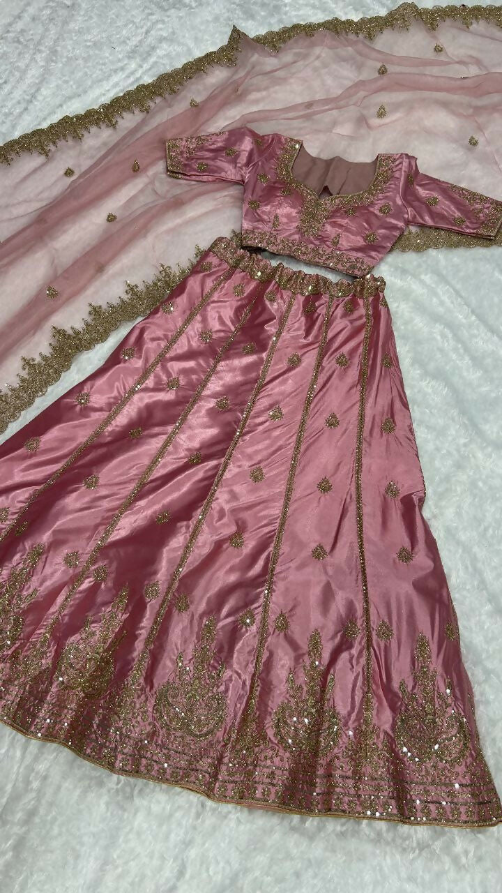 Onion Japan Satin Silk Embroidered Lehenga Choli Set with Sequins
