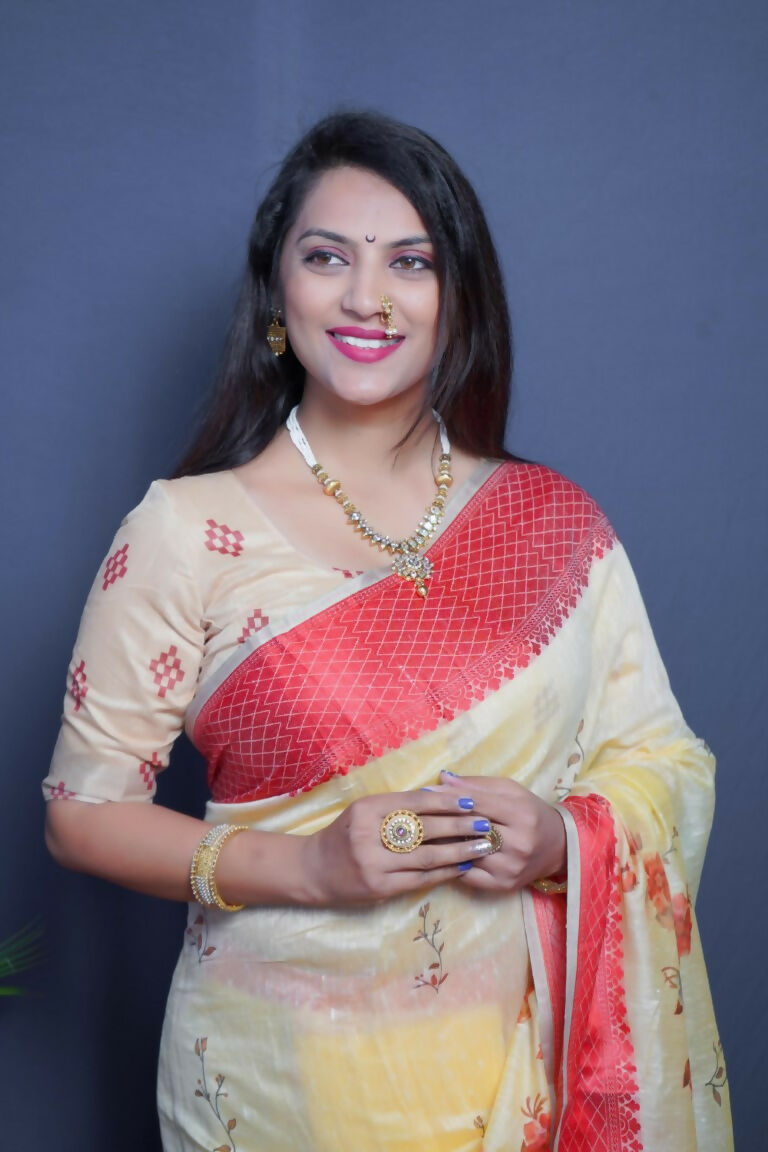 Red Linen Silk Saree with Digital Print and Jacquard Woven Border