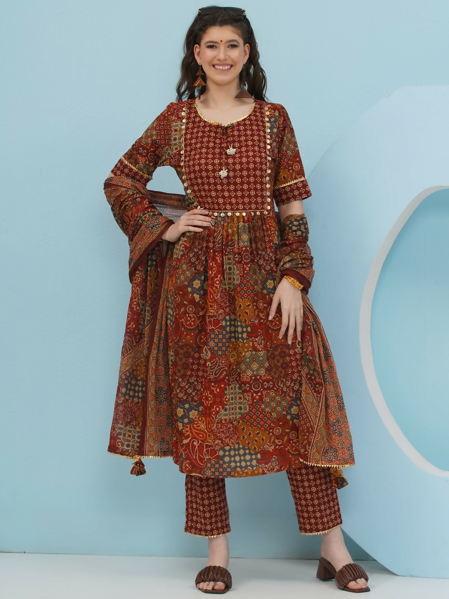 Brown Cotton Suit Set for Women