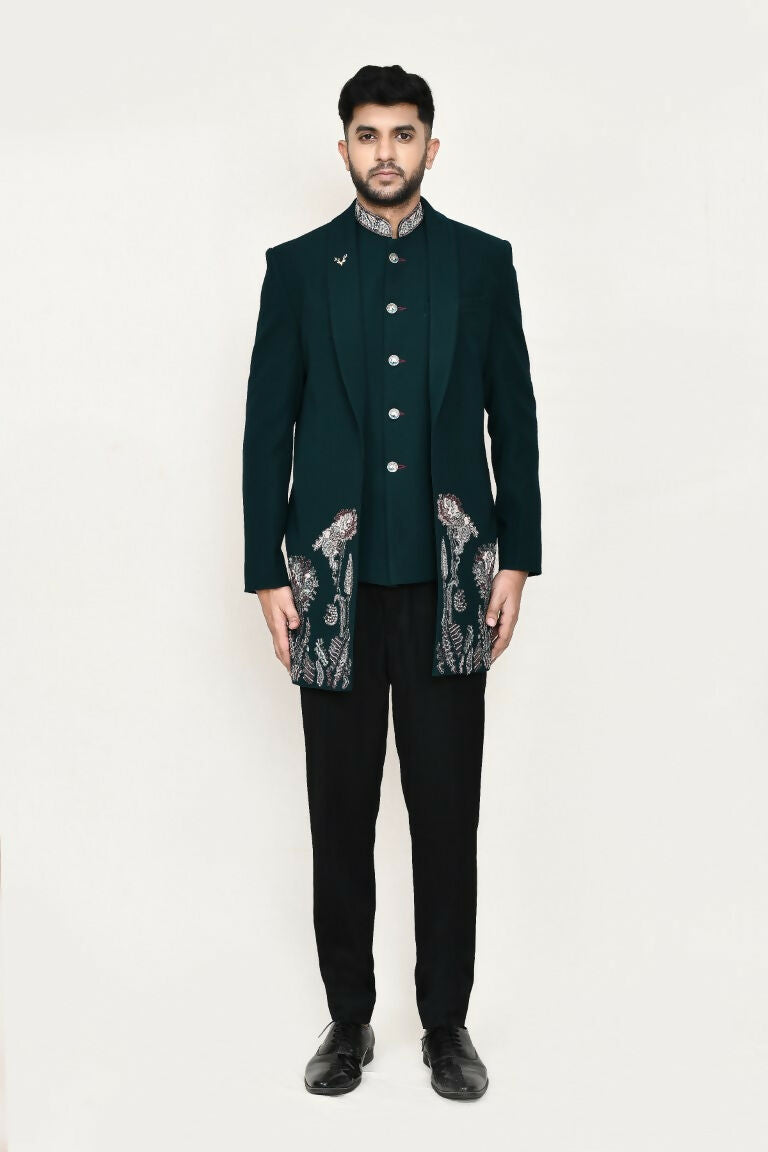Green Imported Polyester Open Prince Coat and Pant Set