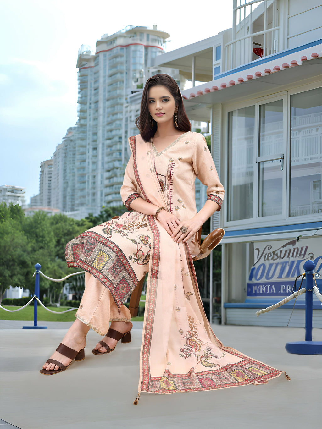 Off White Linen Digital Print Kurta Set with Foil Detailing